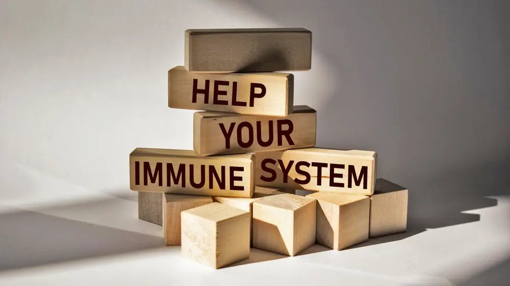 HELP YOUR IMMUNE SYSTEM written on wooden cubes on medical background.