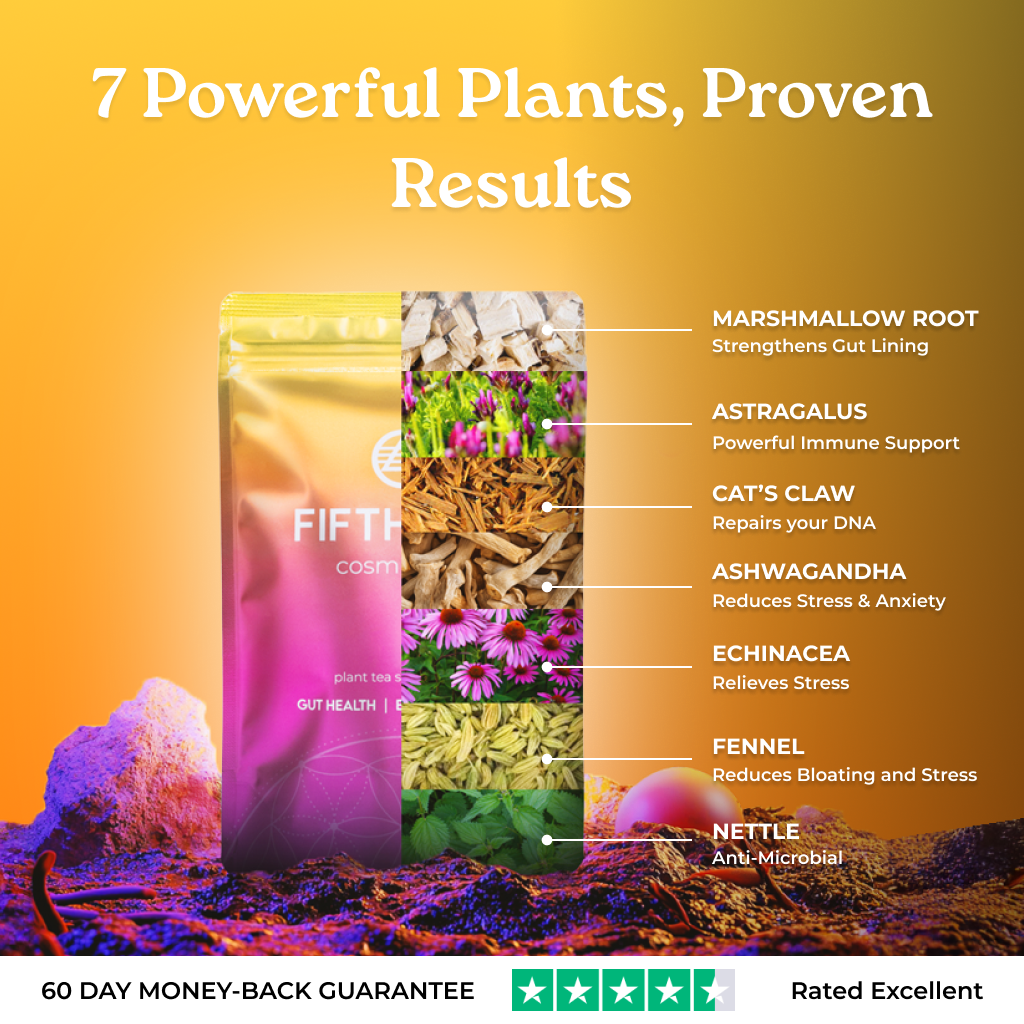 7 powerful plants, proven results graphic with bag of Cosmic Hue and marshmallow root, astragalus, cat's claw, ashwagandha, echinacea, fennel and nettle inside the bag.