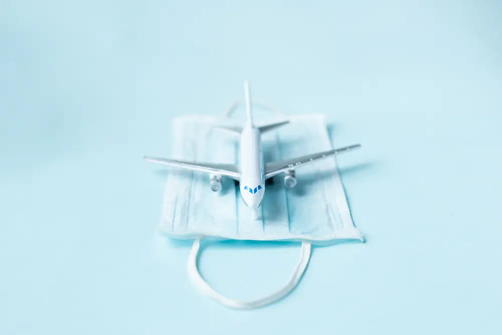 Plane model and face mask on a blue background