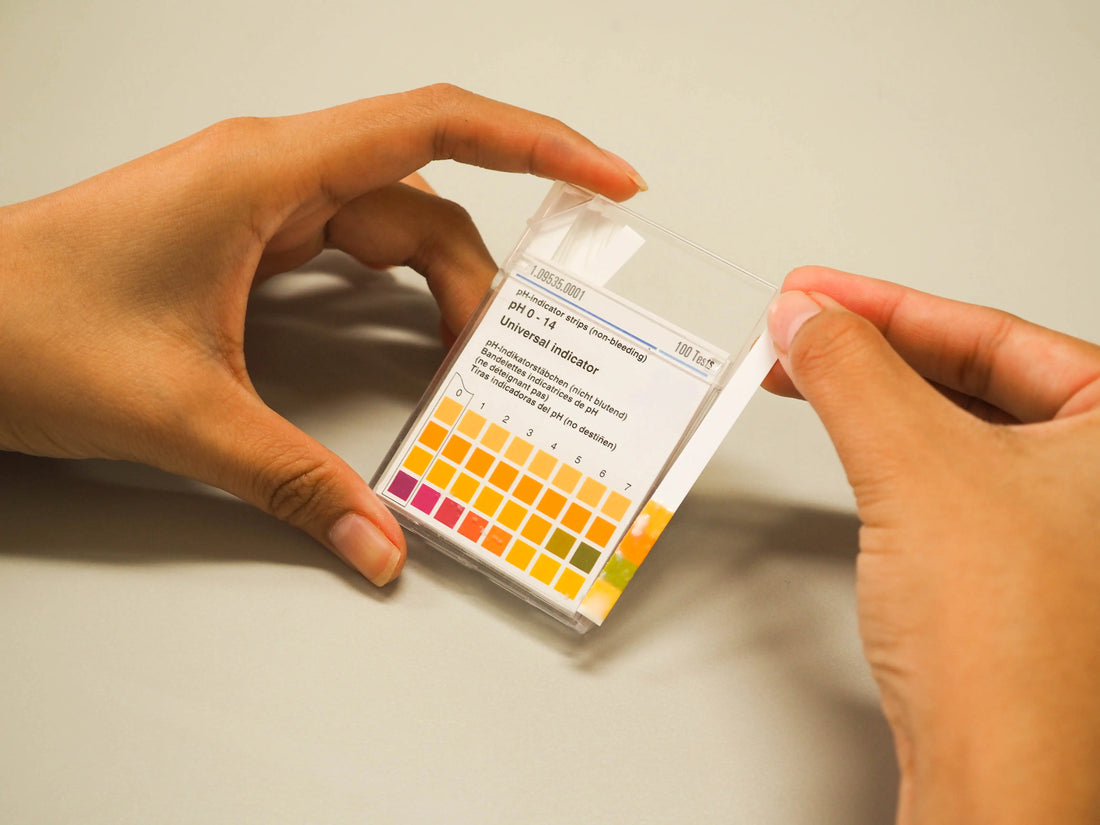 person holding pH paper next to pH scale looking at acidity and alkalinity for gut health