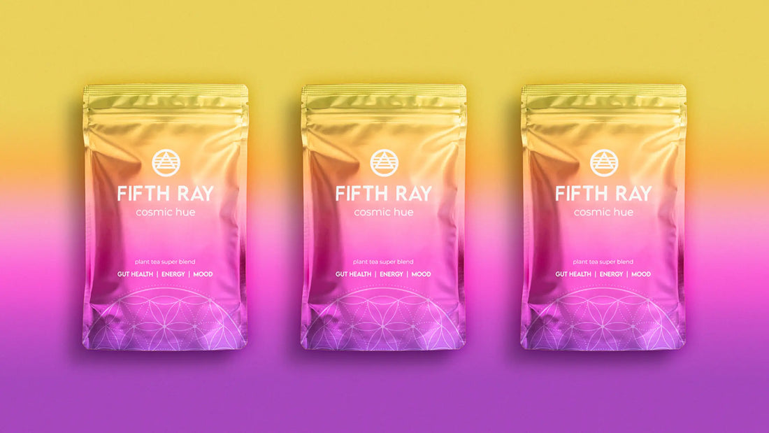 three bags of Cosmic Hue tea on a coloured background studio photography