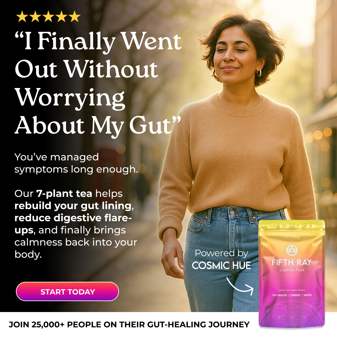Review of a lady walking with a quoted review of Cosmic Hue saying "I finally went out without worrying about my gut"