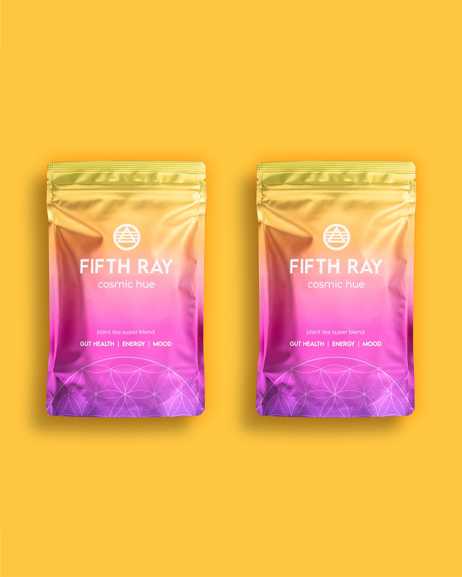 Two bags of Cosmic Hue side-by-side on a yellow gradient background