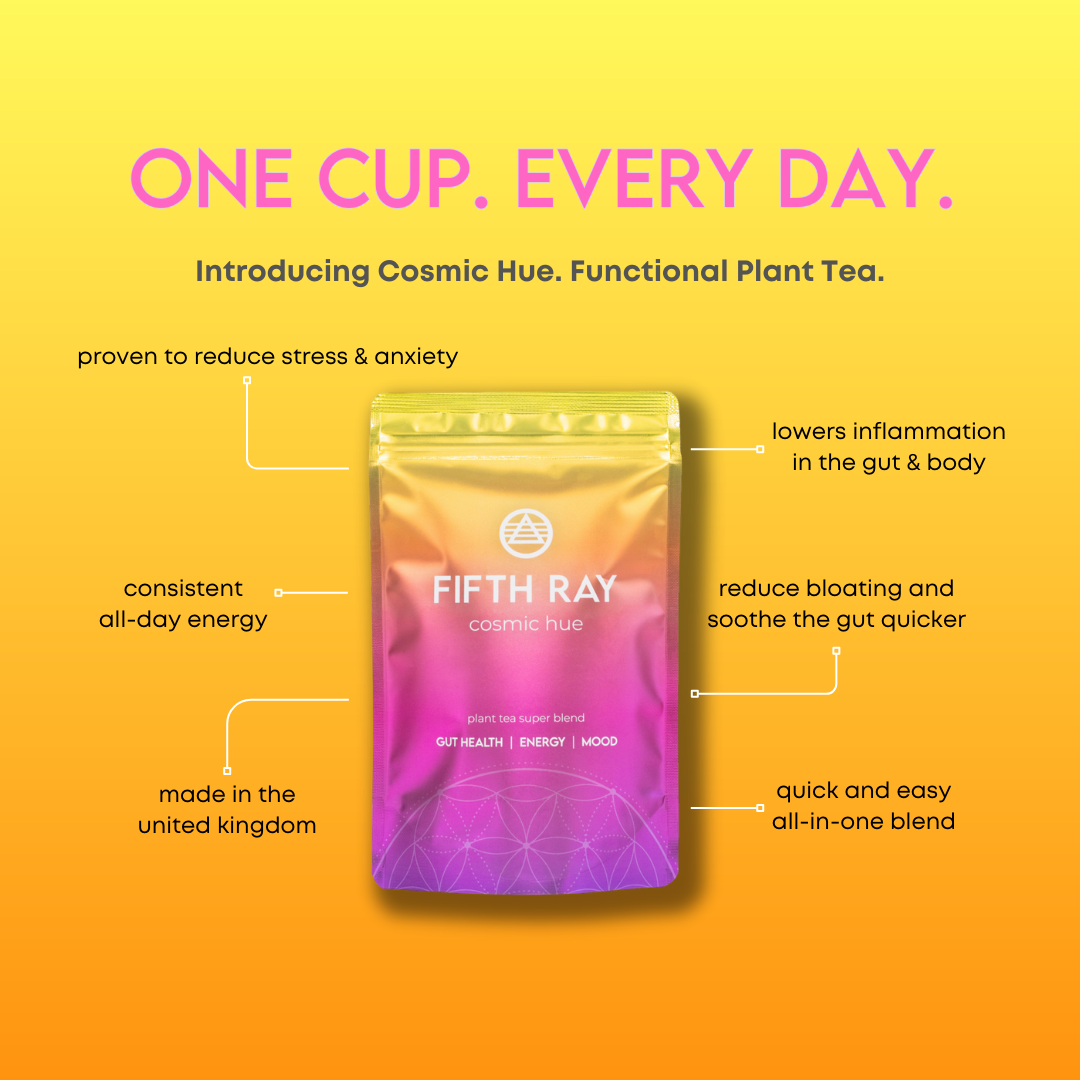 One cup every day functional plant tea Cosmic Hue graphic. Includes six benefits pointing to a bag of Cosmic Hue on an orange to yellow gradient background.