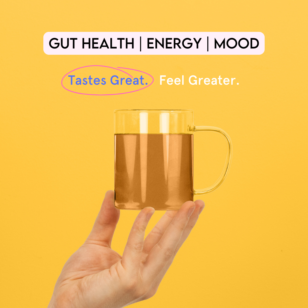Gut health, energy, mood graphic with a hand holding a cup of Cosmic Hue tea.