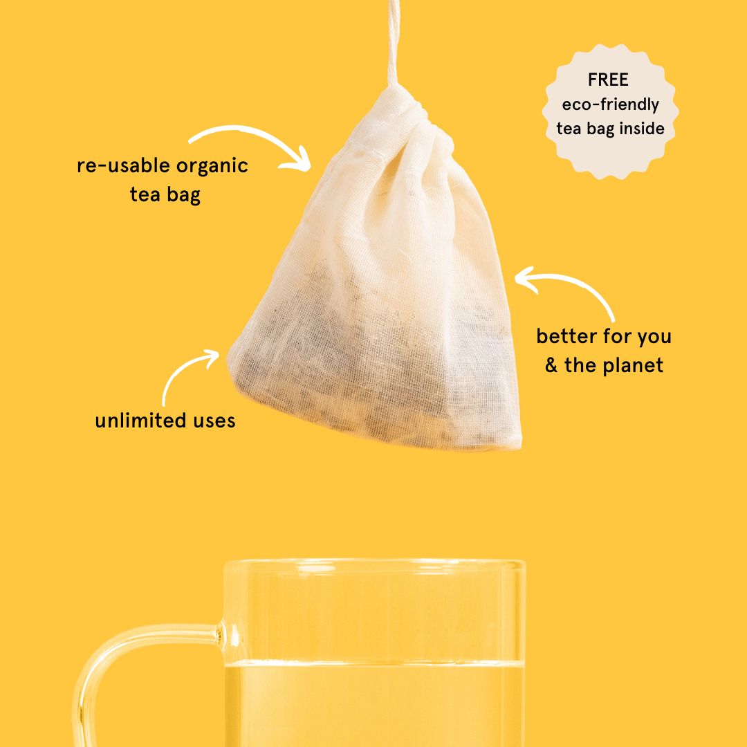 Re-usable organic tea bag hovering above clear glass of hot water graphic.